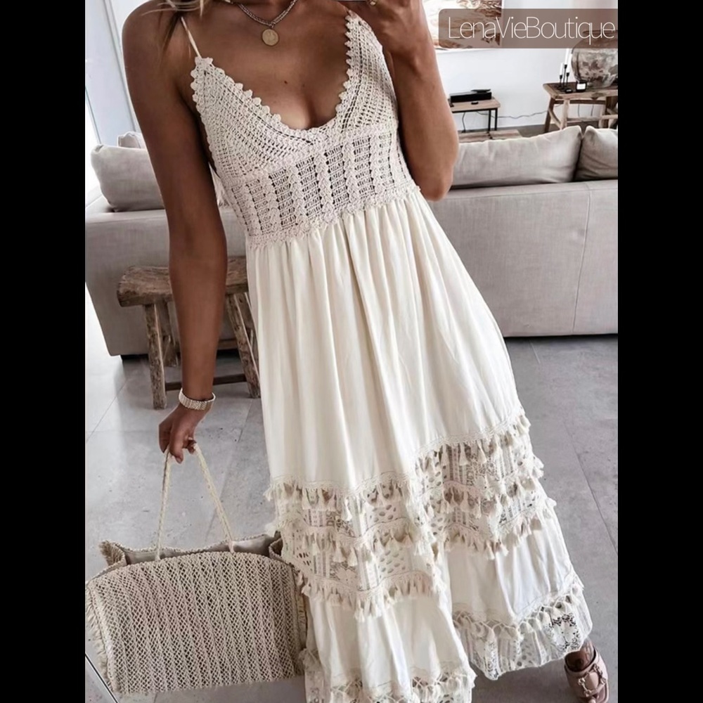 Boho Summer Crochet Maxi Dress, Tassel Adorned, Adjustable Tassel Tie Dress